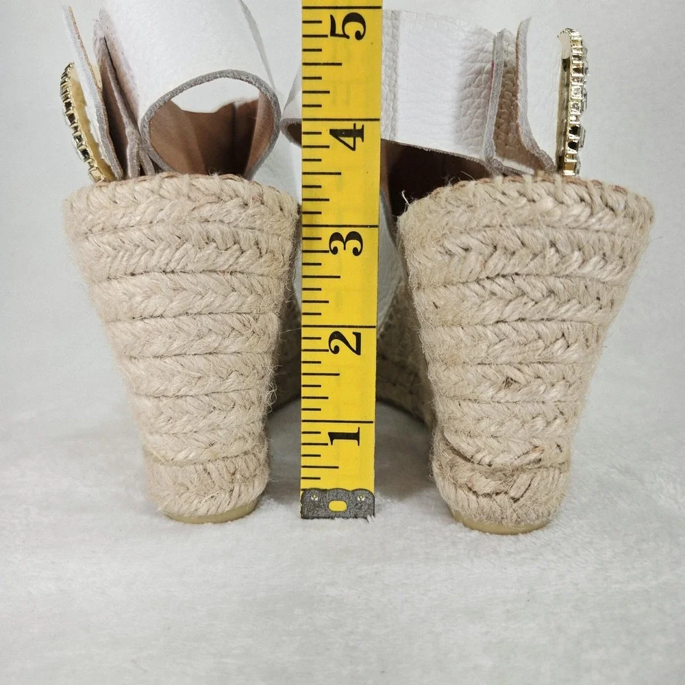Maypol Sandal Womens 8.5 White Leather Espadrille Wedge Rhinestone Anthropologie